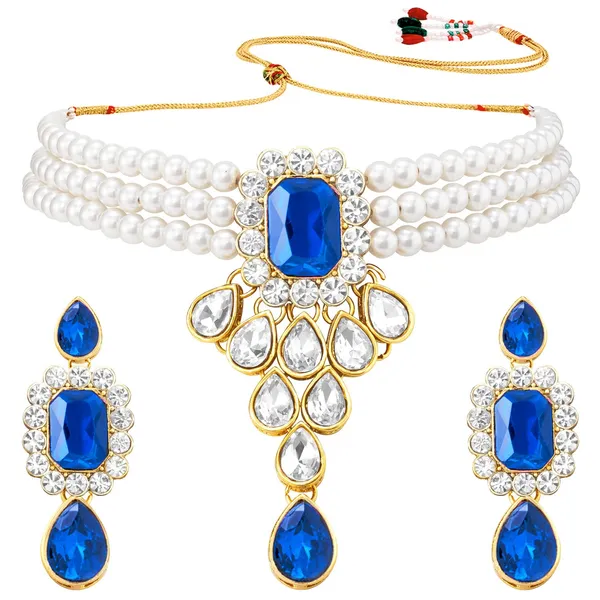 Viva_Jewels_Imperial_Navy_Blue_&_Pearl_Choker_Set_–_Three-String_Pearl_Necklace_with_Royal_Blue_Crystal_Pendant_and_Matching_Drop_Earrings