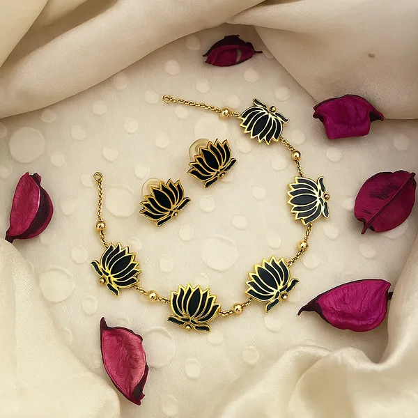 Viva_Jewels_Traditional_Black_Enameled_Lotus_Choker_Set_–_Handcrafted_Gold-Plated_Meenakari_Necklace_with_Matching_Lotus_Studs