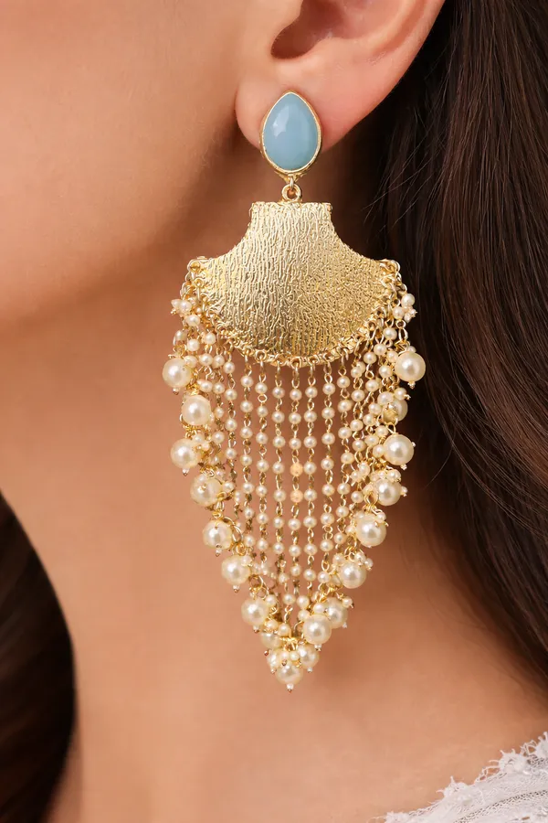 Viva_Jewels_Gold-Finish_Cascade_Statement_Earrings_–_Sky_Blue_Teardrop_Studs_with_Pearl-Bead_Waterfall_and_Textured_Metallic_Shield