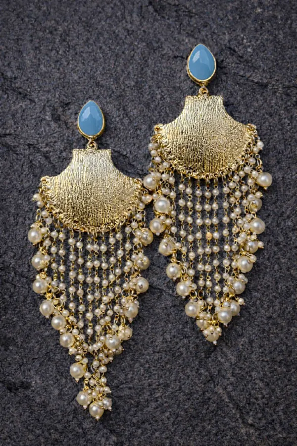 Viva_Jewels_Gold-Finish_Cascade_Statement_Earrings_–_Sky_Blue_Teardrop_Studs_with_Pearl-Bead_Waterfall_and_Textured_Metallic_Shield