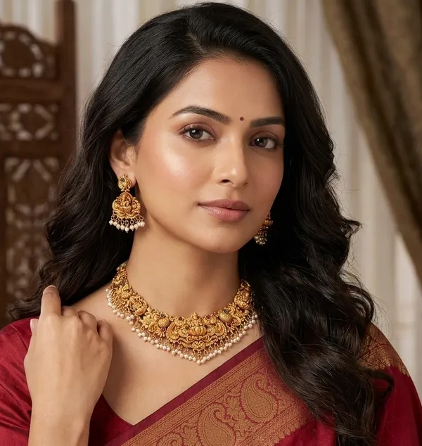 Viva_Jewels_Traditional_Gold-Plated_Pearl_Choker_&_Kasu_Necklace_Set_–_Elegant_Temple_Jewellery_with_Matching_Earrings_for_Bridal_&_Festive_Wear
