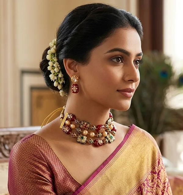 Viva_Jewels_Royal_Meenakari_Triple-Strand_Choker_Set_–_Premium_Gold-Plated_Necklace_with_Deep_Maroon_Beads,_Floral_Kundan_Motifs,_and_Matching_Drop_Earrings