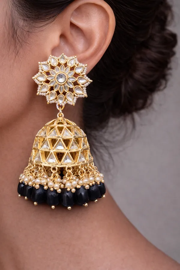 Viva_Jewels_Traditional_Gold-Plated_Midnight_Black_Jhumka_Earrings_–_Grand_Kundan_Floral_Stud_with_Geometric_Lattice_Dome_and_Onyx-Black_Crystal_Drops