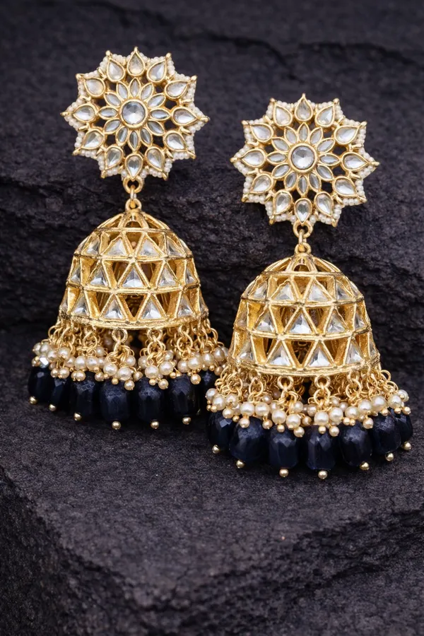 Viva_Jewels_Traditional_Gold-Plated_Midnight_Black_Jhumka_Earrings_–_Grand_Kundan_Floral_Stud_with_Geometric_Lattice_Dome_and_Onyx-Black_Crystal_Drops