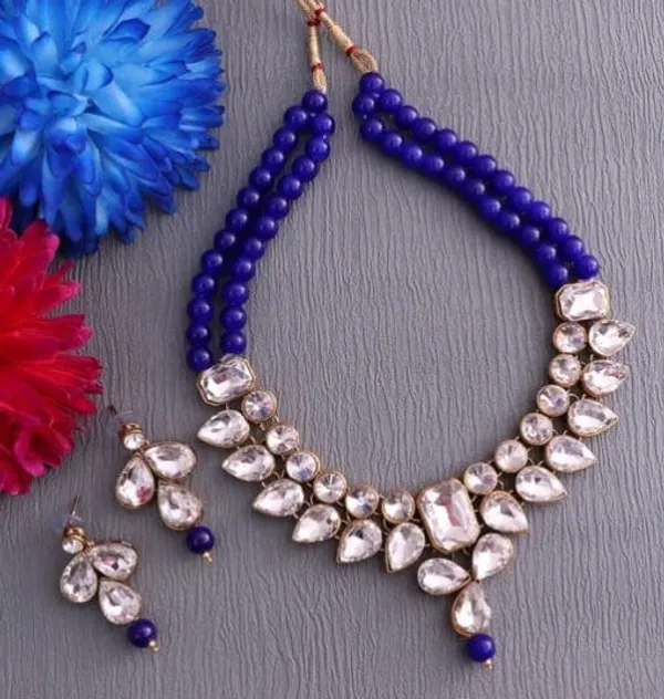 Viva_Jewels_Royal_Azure_Kundan_Choker_Set_–_Gold-Plated_Statement_Necklace_with_Deep_Blue_Bead_Strands_and_Matching_Floral_Drop_Earrings