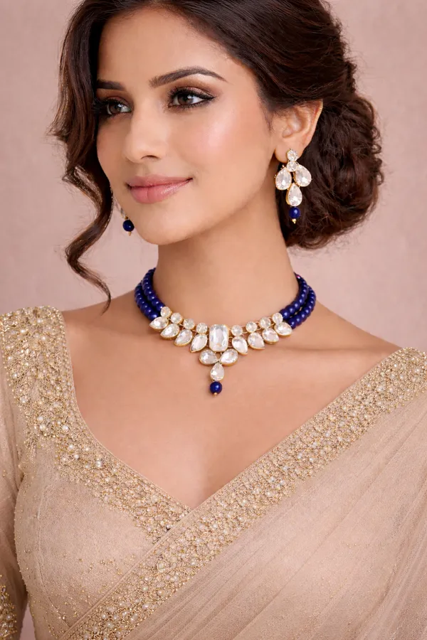 Viva_Jewels_Royal_Azure_Kundan_Choker_Set_–_Gold-Plated_Statement_Necklace_with_Deep_Blue_Bead_Strands_and_Matching_Floral_Drop_Earrings