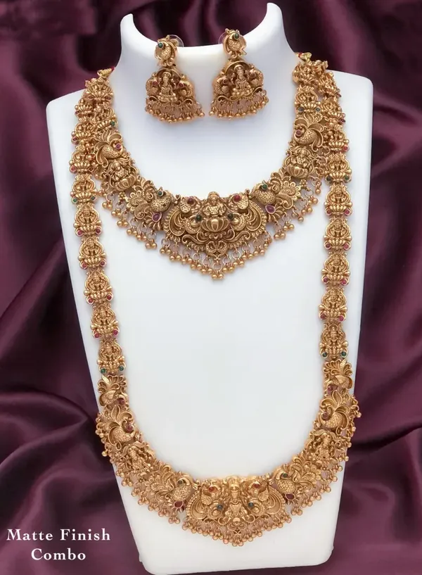 Viva_Jewels_Regal_Matte-Finish_Temple_Jewelry_Combo_Set_–_Premium_Gold-Plated_Lakshmi_Motif_Choker,_Long_Haar,_and_Matching_Earrings_for_Bridal_&_Festive_Wear