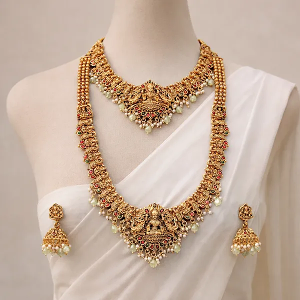 Viva_Jewels_Regal_Matte-Finish_Temple_Jewelry_Combo_Set_–_Premium_Gold-Plated_Lakshmi_Motif_Choker,_Grand_Long_Haar,_and_Matching_Statement_Jhumkas