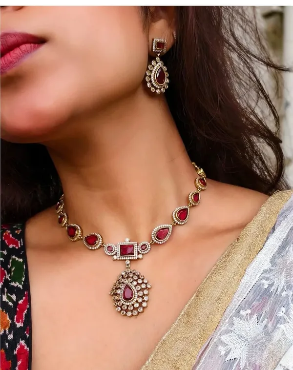 Viva_Jewels_Regal_Gold-Plated_Ruby_CZ_Statement_Necklace_Set_–_Elegant_Teardrop_Motif_Choker_with_Grand_Chandelier_Pendant_and_Matching_Drop_Earrings