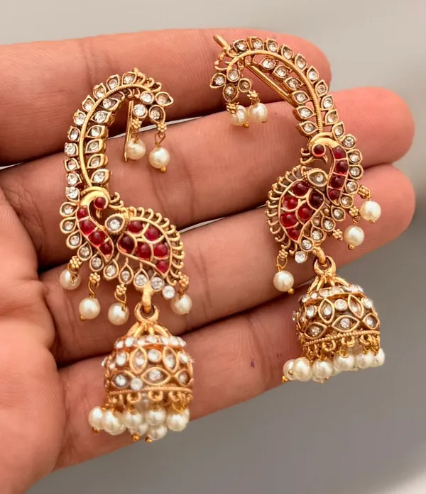 Viva_Jewels_Regal_Peacock_Motif_Jhumka_Earrings_with_Integrated_Ear-Cuffs_–_Premium_Gold-Plated_Temple_Jewelry_with_Ruby-Red_Accents_and_Pearl_Droplets