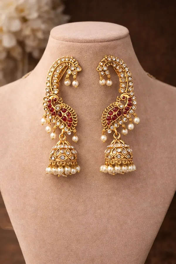 Viva_Jewels_Regal_Peacock_Motif_Jhumka_Earrings_with_Integrated_Ear-Cuffs_–_Premium_Gold-Plated_Temple_Jewelry_with_Ruby-Red_Accents_and_Pearl_Droplets