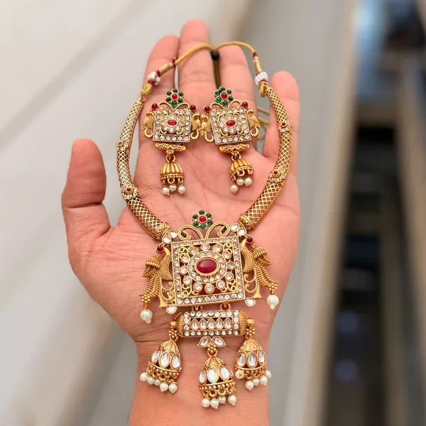 Viva_Jewels_Gold_Finish_Temple_Work_Hasli_Choker_–_Antique_Ethnic_Jewelry_Set_for_Weddings_&_Festive_Wear