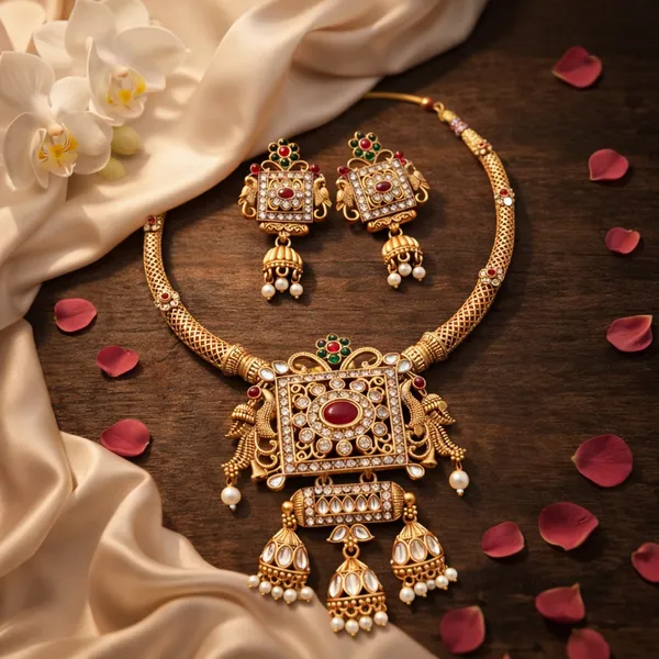 Viva_Jewels_Gold_Finish_Temple_Work_Hasli_Choker_–_Antique_Ethnic_Jewelry_Set_for_Weddings_&_Festive_Wear