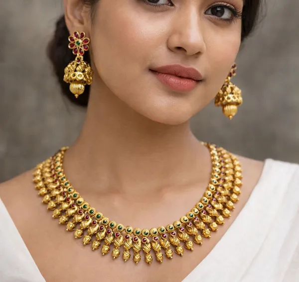 Viva_Jewels_Heritage_Gold-Plated_Peacock_Motif_Necklace_Set_–_Traditional_Kemp-Style_Guttapusalu_Necklace_with_Matching_Floral_Jhumka_Earrings