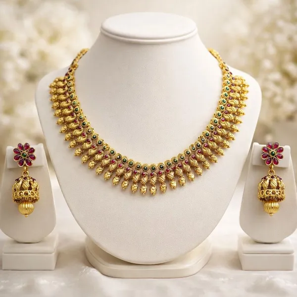 Viva_Jewels_Heritage_Gold-Plated_Peacock_Motif_Necklace_Set_–_Traditional_Kemp-Style_Guttapusalu_Necklace_with_Matching_Floral_Jhumka_Earrings