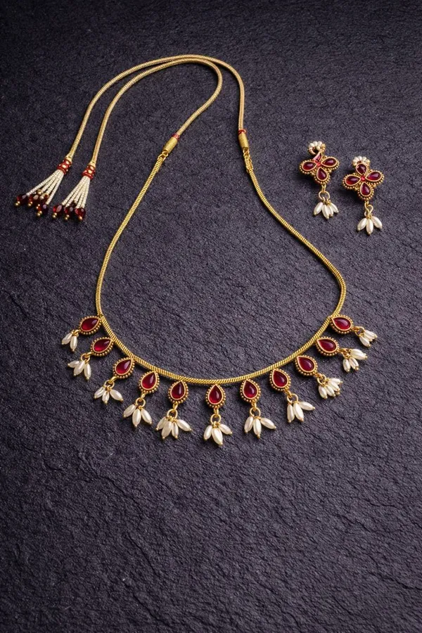 Viva_Jewels_Regal_Gold-Plated_Ruby-Red_Delicate_Choker_Set_–_Handcrafted_Traditional_Mesh-Link_Necklace_with_Guttapusalu_Pearl_Clusters_and_Matching_Earrings