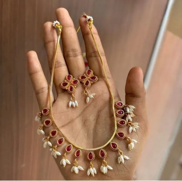 Viva_Jewels_Regal_Gold-Plated_Ruby-Red_Delicate_Choker_Set_–_Handcrafted_Traditional_Mesh-Link_Necklace_with_Guttapusalu_Pearl_Clusters_and_Matching_Earrings