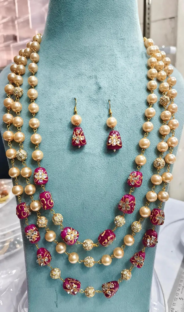 Viva_Jewels_Regal_24K_Gold-Plated_Triple-Strand_Mala_Set_–_Premium_Layered_Pearl_Necklace_with_Hand-Painted_Meenakari_Accents_and_Matching_Bell_Earrings