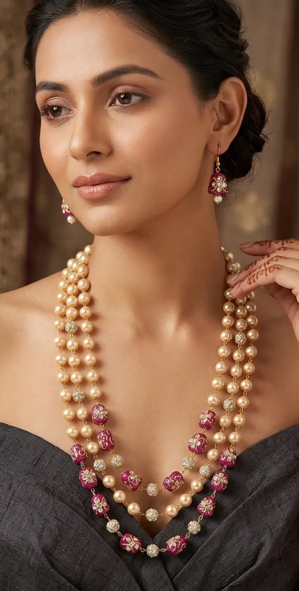 Viva_Jewels_Regal_24K_Gold-Plated_Triple-Strand_Mala_Set_–_Premium_Layered_Pearl_Necklace_with_Hand-Painted_Meenakari_Accents_and_Matching_Bell_Earrings