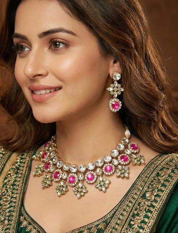 Viva_Jewels_Traditional_Gold-Plated_Kundan_Statement_Necklace_Set_–_Royal_Choker_with_Pink_&_Green_Accents_and_Matching_Drop_Earrings
