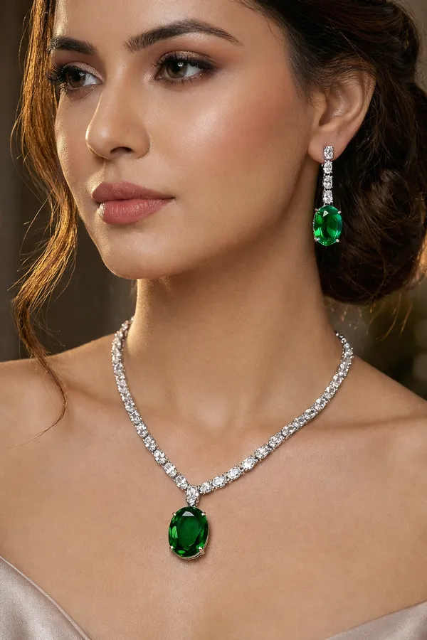 Viva_Jewels_Regal_Silver-Plated_Emerald_Green_Statement_Set_–_Brilliant_Oval-Cut_Crystal_Solitaire_Pendant_with_Shimmering_American_Diamond_Tennis_Chain_&_Matching_Drop_Earrings