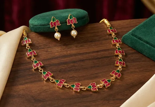 Viva_Jewels_Festive_Bloom_Gold-Plated_Enamel_Choker_Set_–_Delicate_Hand-Painted_Lotus_Motif_Necklace_with_Matching_Pearl-Drop_Earrings