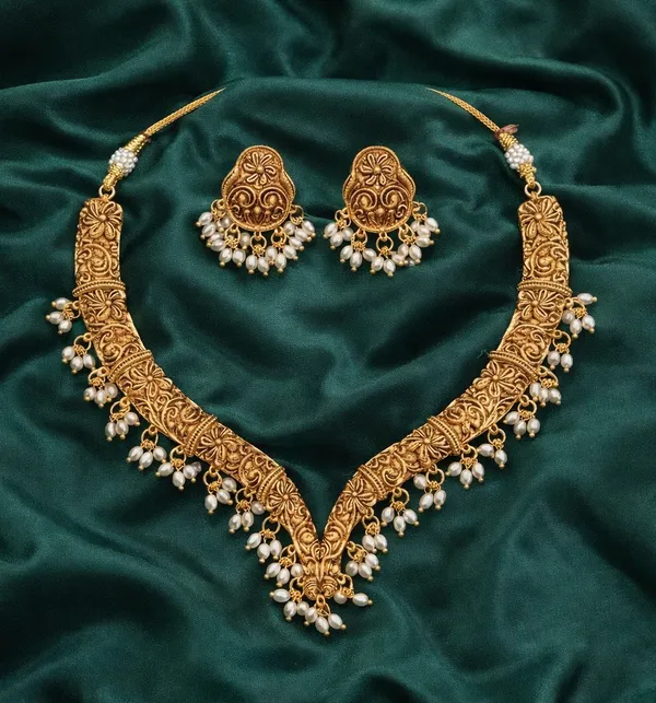 Viva_Jewels_Regal_Antique_Gold-Plated_V-Shaped_Hasli_Choker_Set_–_Premium_Hand-Engraved_Temple_Jewelry_with_Delicate_Pearl_Fringes_and_Matching_Floral_Studs
