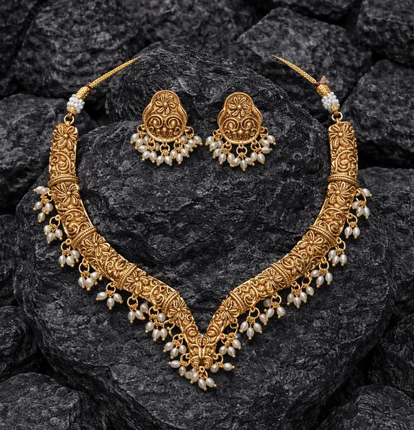 Viva_Jewels_Regal_Antique_Gold-Plated_V-Shaped_Hasli_Choker_Set_–_Premium_Hand-Engraved_Temple_Jewelry_with_Delicate_Pearl_Fringes_and_Matching_Floral_Studs