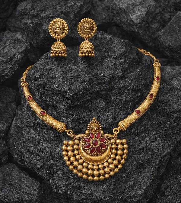 Viva_Jewels_Traditional_Gold-Plated_Hasli_Choker_Set_–_Antique_Matte_Finish_Temple_Jewelry_with_Floral_Kemp_Pendant_and_Matching_Jhumka_Earrings
