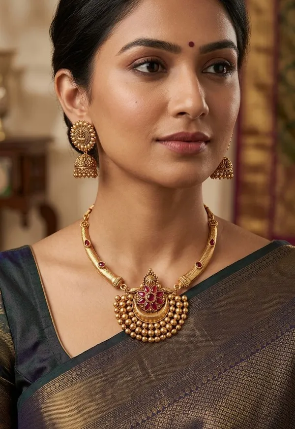 Viva_Jewels_Traditional_Gold-Plated_Hasli_Choker_Set_–_Antique_Matte_Finish_Temple_Jewelry_with_Floral_Kemp_Pendant_and_Matching_Jhumka_Earrings