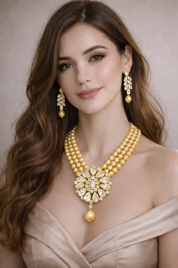 Viva_Jewels_Regal_Triple-Strand_Gold_Pearl_Statement_Set_–_Grand_Floral_Crystal_Pendant_with_Matching_Drop_Earrings_and_Lustrous_Golden_Faux_Pearls