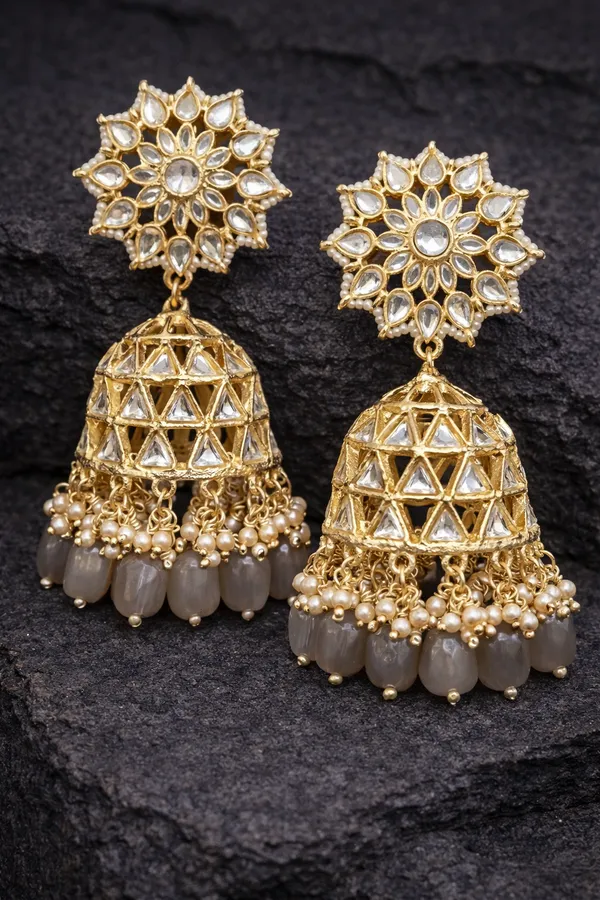 Viva_Jewels_Regal_Gold-Plated_Gray_Kundan_Jhumka_Earrings_–_Intricate_Floral_Stud_with_Handcrafted_Geometric_Cage_Jhumka_and_Gray_Bead_Drops