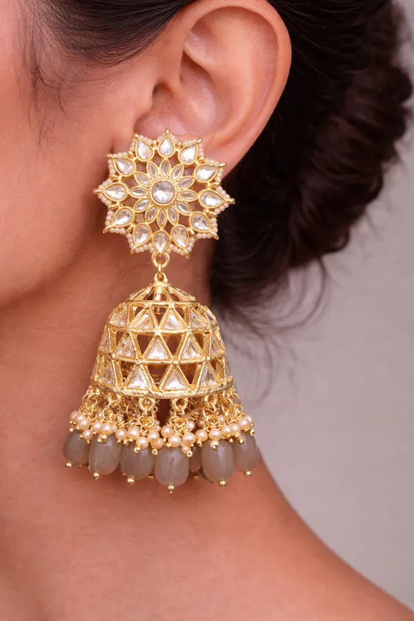 Viva_Jewels_Regal_Gold-Plated_Gray_Kundan_Jhumka_Earrings_–_Intricate_Floral_Stud_with_Handcrafted_Geometric_Cage_Jhumka_and_Gray_Bead_Drops