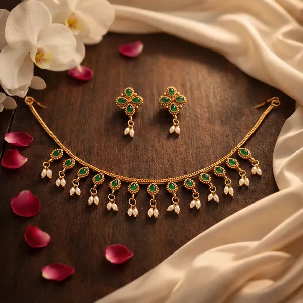 Viva_Jewels_Regal_Gold-Plated_Emerald_Green_Stone_Choker_Set_–_Classic_Traditional_Choker_with_Vibrant_Synthetic_Stones,_Guttapusalu_Pearl_Hangings,_and_Matching_Earrings