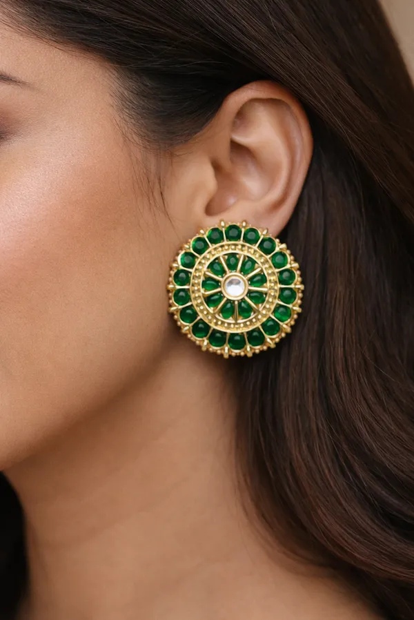 Viva_Jewels_Regal_Gold-Plated_Green_Designer_Stud_Earrings_–_Majestic_Circular_Mandala_Oversized_Studs_with_Kundan_Centerpiece_and_Textured_Gold_Detailing