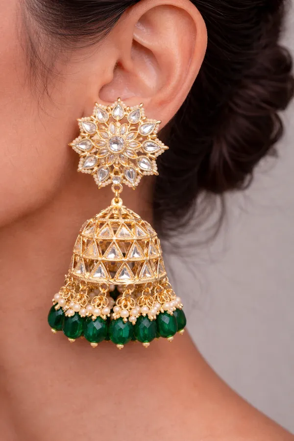 Viva_Jewels_Traditional_Gold-Plated_Emerald_Green_Jhumka_Earrings_–_Grand_Kundan_Floral_Stud_with_Intricate_Lattice_Dome_and_Crystal_Bead_Drops