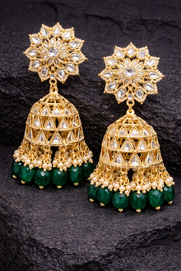 Viva_Jewels_Traditional_Gold-Plated_Emerald_Green_Jhumka_Earrings_–_Grand_Kundan_Floral_Stud_with_Intricate_Lattice_Dome_and_Crystal_Bead_Drops