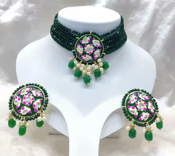 Viva_Jewels_Regal_Forest_Green_Multi-Strand_Choker_Set_–_Handcrafted_Gold-Plated_Meenakari_Floral_Pendant_with_Pearl_Clusters_and_Matching_Oversized_Studs