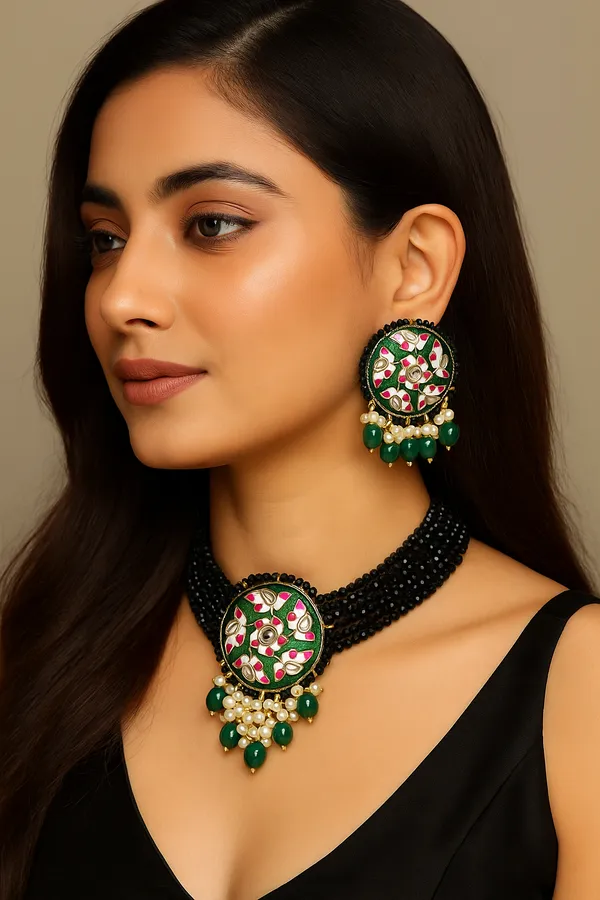 Viva_Jewels_Regal_Forest_Green_Multi-Strand_Choker_Set_–_Handcrafted_Gold-Plated_Meenakari_Floral_Pendant_with_Pearl_Clusters_and_Matching_Oversized_Studs