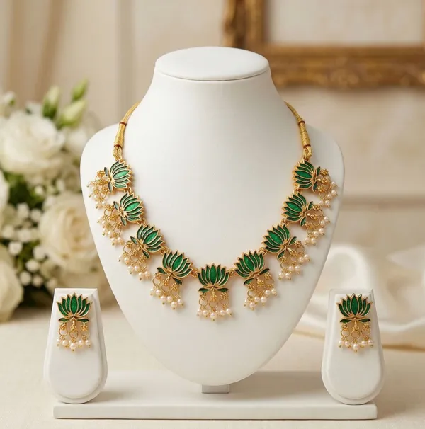 Viva_Jewels_Enchanting_Green_Meenakari_Lotus_Choker_Set_–_Handcrafted_Enamel_Floral_Necklace_with_Pearl_Guttapusalu_Clusters_and_Matching_Studs