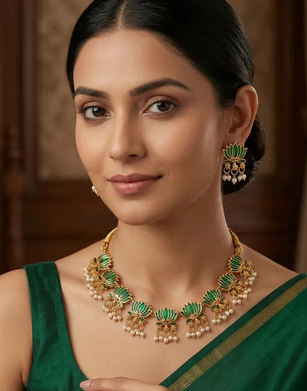 Viva_Jewels_Enchanting_Green_Meenakari_Lotus_Choker_Set_–_Handcrafted_Enamel_Floral_Necklace_with_Pearl_Guttapusalu_Clusters_and_Matching_Studs