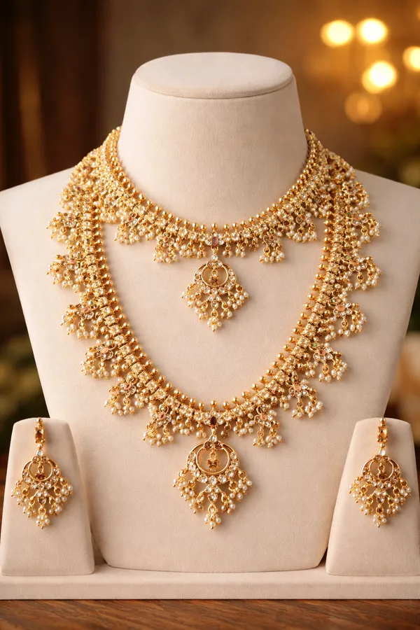 Viva_Jewels_Traditional_Gold-Plated_Guttapusalu_Bridal_Necklace_Set_–_Exquisite_Pearl_Cluster_Long_Haram_with_CZ_Accents_and_Matching_Chandbali_Earrings
