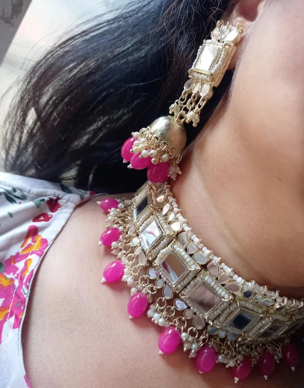Viva_Jewels_Hot_Pink_Premium_Mirror-Work_Choker_Set_–_Gold-Plated_Necklace_with_Matching_Jhumkas_and_Vibrant_Magenta_Bead_Accents