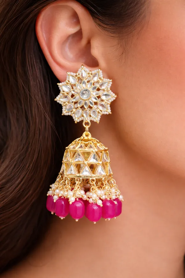 Viva_Jewels_Royal_Rani_Pink_Kundan_Jhumkas_–_Handcrafted_Gold-Plated_Floral_Studs_with_Geometric_Lattice_Dome_and_Hot_Pink_Drop_Accents