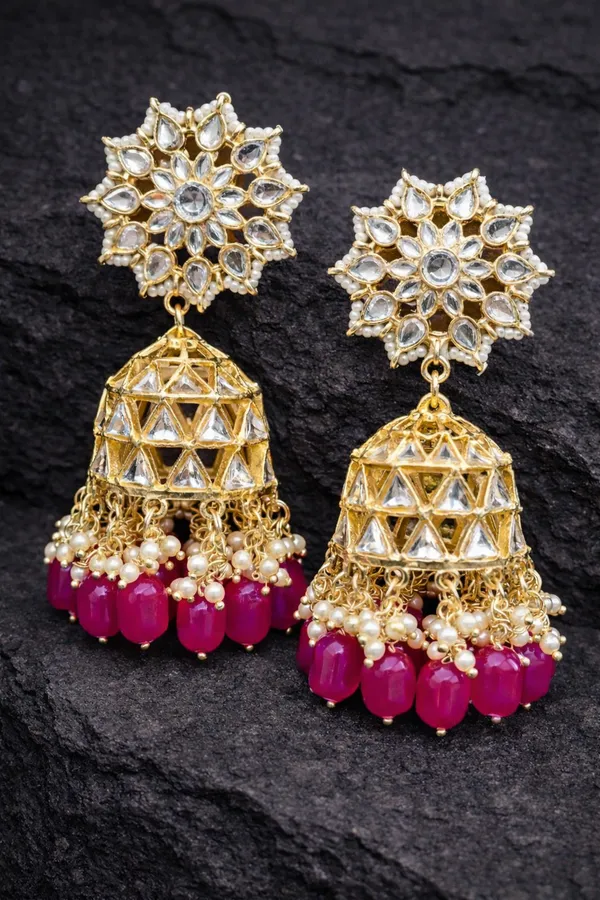 Viva_Jewels_Royal_Rani_Pink_Kundan_Jhumkas_–_Handcrafted_Gold-Plated_Floral_Studs_with_Geometric_Lattice_Dome_and_Hot_Pink_Drop_Accents