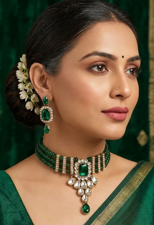 Viva_Jewels_Regal_Emerald_Green_color_Beads_Kundan_Choker_Set_–_Premium_Gold-Plated_Statement_Necklace_and_Matching_Drop_Earrings