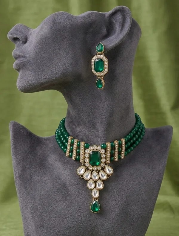 Viva_Jewels_Regal_Emerald_Green_color_Beads_Kundan_Choker_Set_–_Premium_Gold-Plated_Statement_Necklace_and_Matching_Drop_Earrings