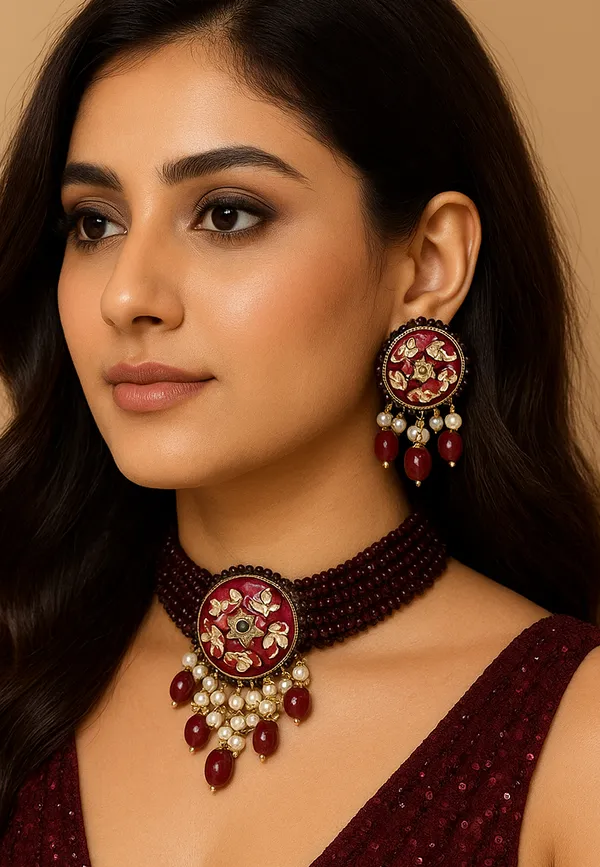 Maroon_Brass_Premium_&_Elegant_Choker_&_Earring_Set_For_Women
