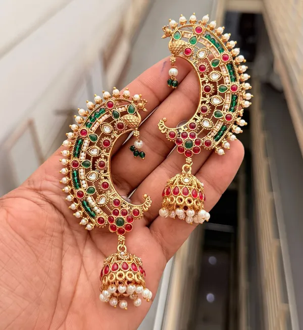 Viva_Jewels_Regal_Gold-Plated_Bahubali_Ear-Cuff_Jhumka_Set_–_Traditional_Temple_Jewelry_with_Peacock_Motif,_Kundan_&_Multi-Color_Stones