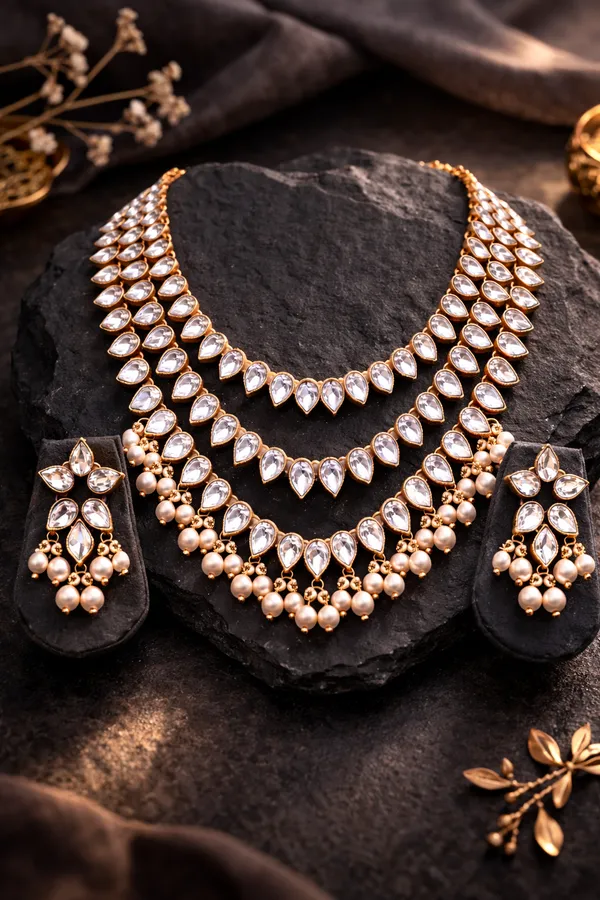 Viva_Jewels_Royal_Three-Tier_Kundan_Haram_Set_–_Gold-Plated_Layered_Teardrop_Necklace_with_Lustrous_Pearl_Drops_and_Matching_Floral_Earrings